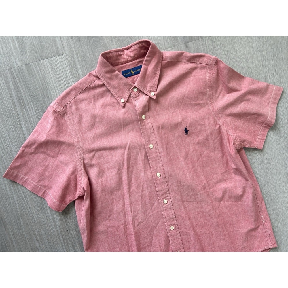 Polo Ralph Lauren Button Front Shirt Men's Large Salmon Coral Pink Black Pony